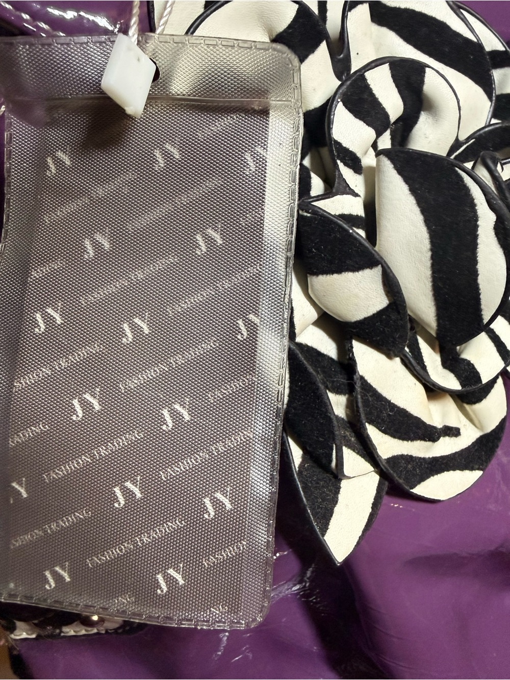 JY Fashion Y2K Purple Glossy Zebra Print Rosette Flower Purse Bag - Picture 3 of 16